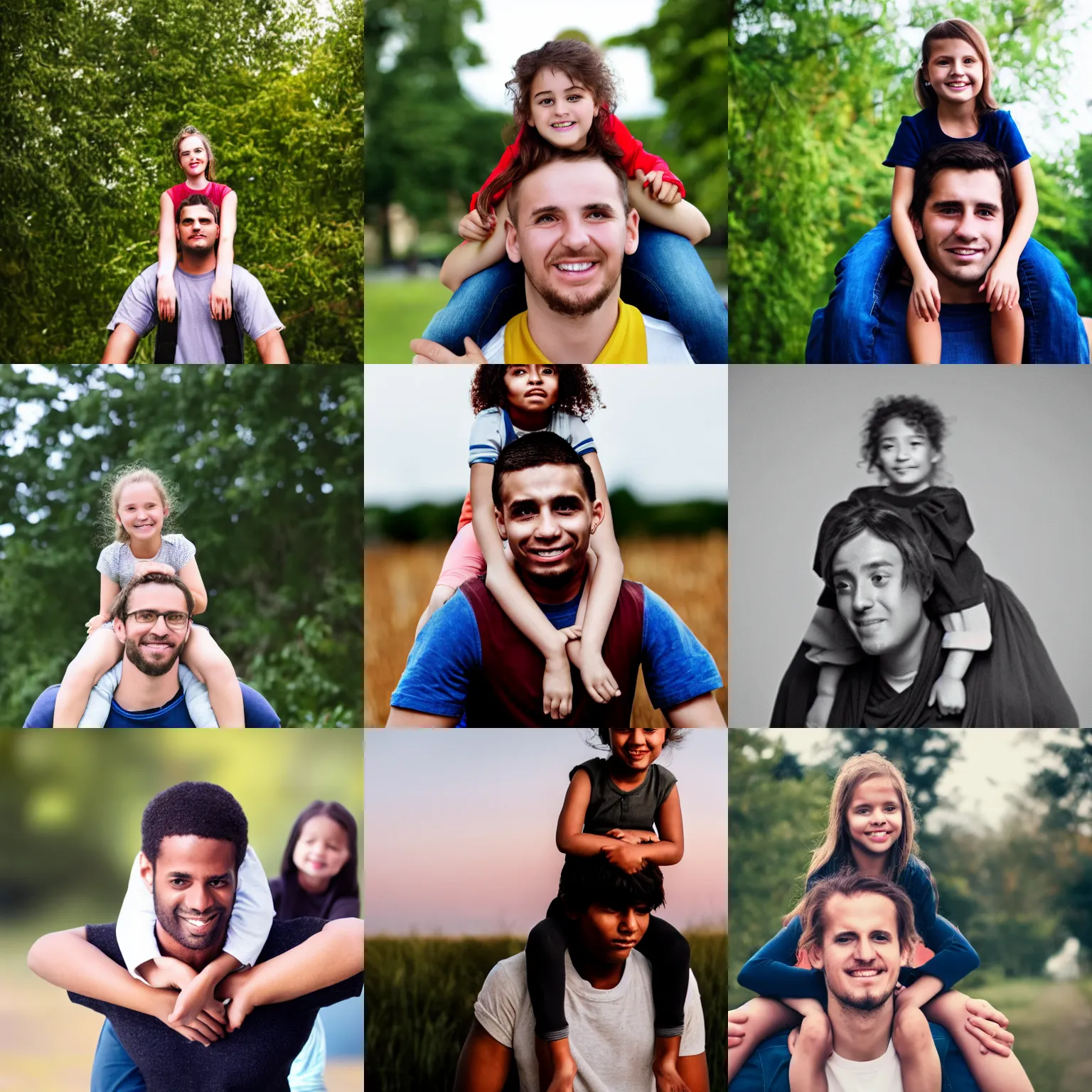 Prompt: girl sitting on shoulders of man