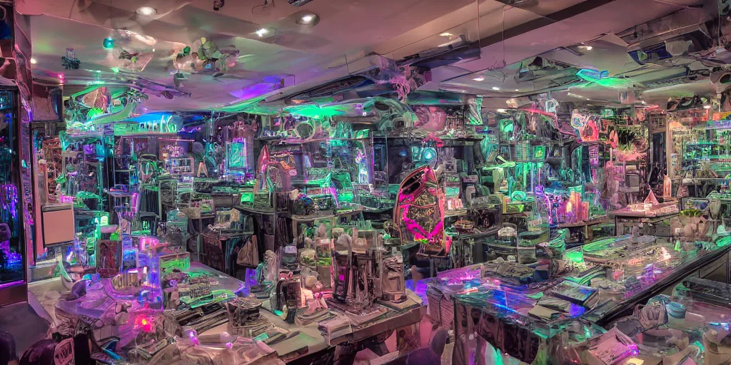 Image similar to a photo of a dirty alien shop, futuristic, holographic, 8k, sharp focus, Fujifilm