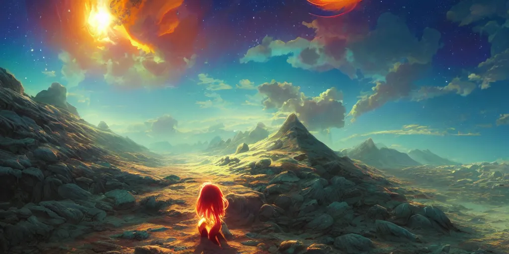 Image similar to inside a solar flare storm within the sun looking at the planet earth, unreal engine, fantasy art by greg, loish, rhads, ferdinand knab, tom bagshaw, makoto shinkai and lois van baarle, rossdraws, ilya kuvshinov, night lighting, trending on studio ghibli, highly detailed, 8 k, octane render