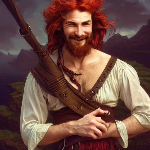 Image similar to portrait of a young ruggedly handsome but joyful pirate, male, masculine, upper body, red hair, long hair, d & d, fantasy, joyful smirk, wink, intricate, elegant, highly detailed, digital painting, artstation, concept art, matte, sharp focus, illustration, art by artgerm and greg rutkowski and alphonse mucha