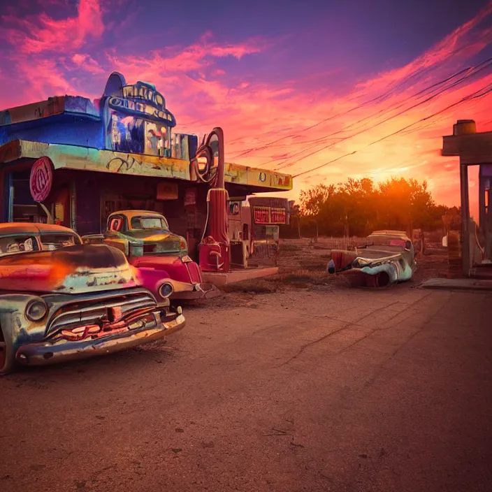 Image similar to a sunset light landscape with historical route 6 6, lots of sparkling details and sun ray ’ s, blinding backlight, smoke, volumetric lighting, colorful, octane, 3 5 mm, abandoned gas station, old rusty pickup - truck, beautiful epic colored reflections, very colorful heavenly, softlight