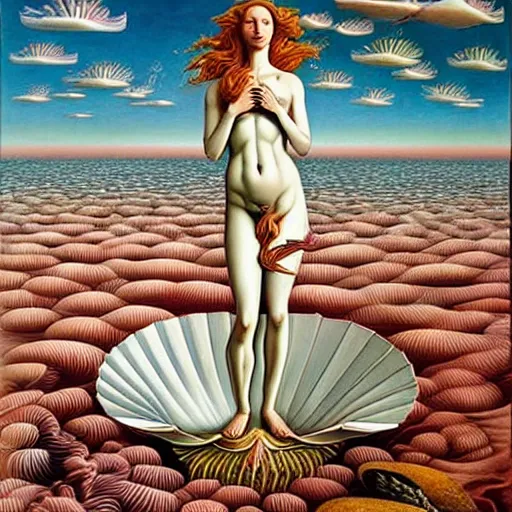 Image similar to THE BIRTH OF VENUS by jacek yerka, alex gray, zdzisław beksiński, dariusz zawadzki, jeffrey smith and h.r. giger, oil on canvas, 8k highly professionally detailed, trending on artstation