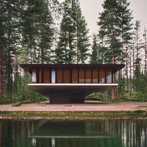 Image similar to wes anderson style modern house near the lake and forest, cinematic, realism, photo