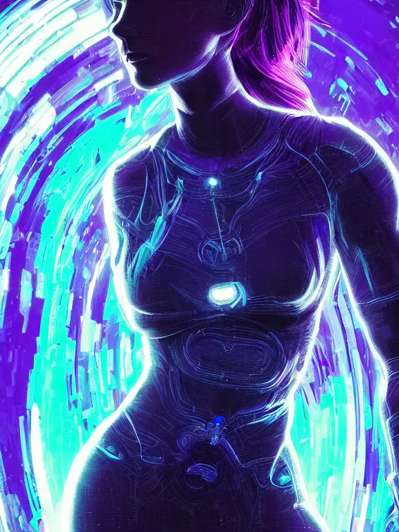 Prompt: portrait of Cortana From Halo, gorgeous beautiful holographic woman, standing in a contrapposto pose against a black background, full body, luminous, glowing MRI x-ray, glitch, featured in artstation, octane render, Vibrant colors, neon cyberpunk, digital art by Loish, mucha, wlop, james jean, craig mullins, james gurney, John william Waterhouse