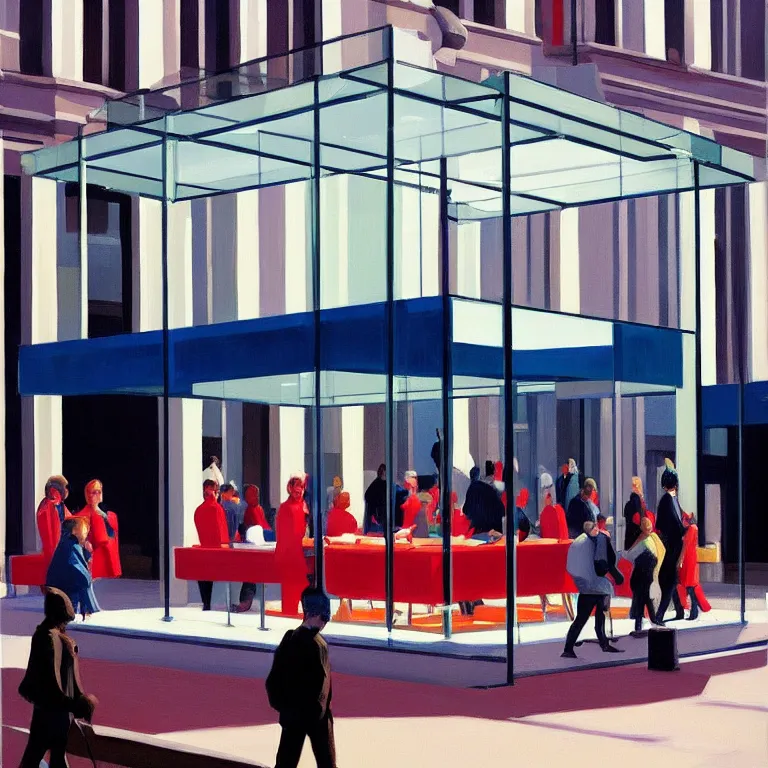 Image similar to apple store opening day in London, painted by Edward Hopper, painted by James Gilleard, airbrush