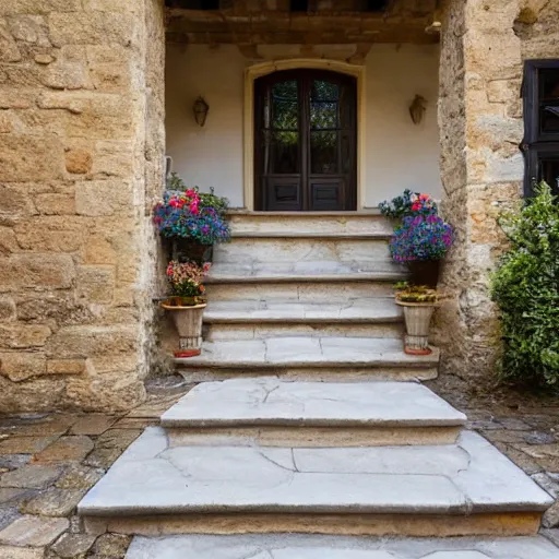 Image similar to paved porch with staircase on the left that goes to the first floor in an italian courtyard