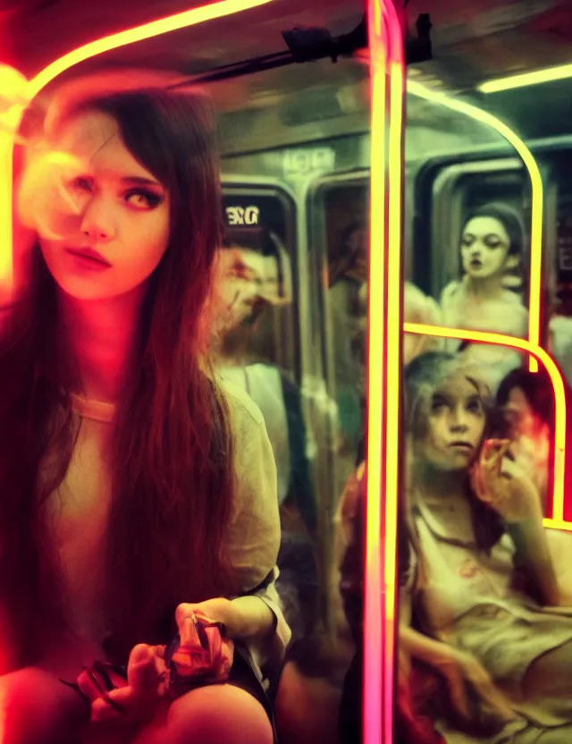 Prompt: portrait of girl with smokey eyes makeup in a subway train, neon light, wide high angle coloured polaroid photograph with flash, kodak film, hyper real, stunning moody cinematography, with anamorphic lenses, by maripol, fallen angels by wong kar - wai, style of suspiria and neon demon and children from bahnhof zoo, detailed