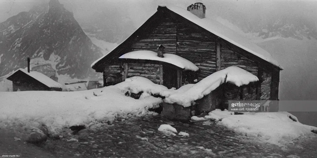 Image similar to 1 9 2 0 s photography of hut in the alps being submerged in snow