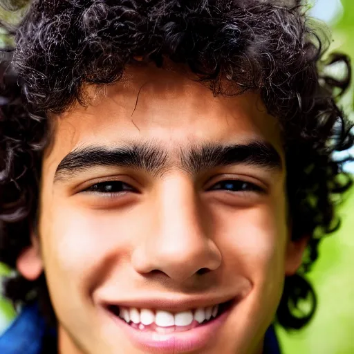 Image similar to close - up portrait photograph of a teenage latino male with big brown eyes, a long italian nose, a big smile, curly medium length black hair, highly detailed, anatomically correct features,