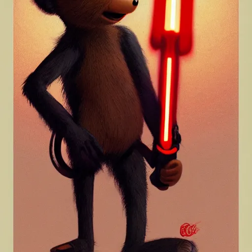 Prompt: Cartoon character Cheburashka holding a lightsaber, artstation, concept art, sharp focus, illustration, art by greg rutkowski and alphonse mucha