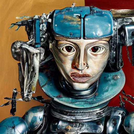 Image similar to high quality high detail painting by lucian freud and jenny saville, hd, samurai robot, turquoise