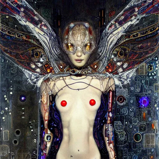 Prompt: winged cybernetic vampire trapped in circuitry, intricate detail, miro, royo, whealan, klimt,