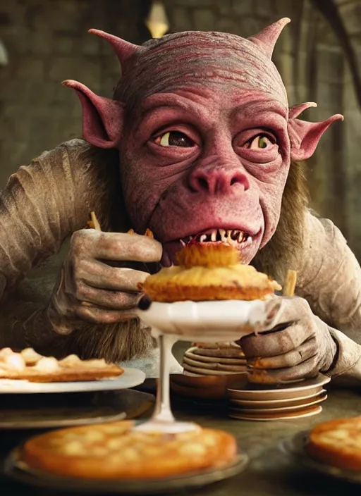 Prompt: closeup portrait of a medieval goblin eating cakes, depth of field, zeiss lens, detailed, symmetrical, centered, fashion photoshoot, by Annie Leibovitz and Steve McCurry, David Lazar, Jimmy Nelsson, Breathtaking, 8k resolution, extremely detailed, beautiful, establishing shot, artistic, hyperrealistic, beautiful face, octane render