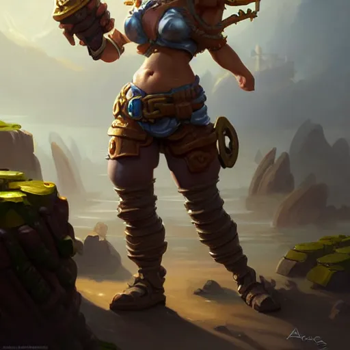 Image similar to beautiful muscular gnome engineer, full body portrait, metal gauntlet, female, naval landscape, d & d, fantasy, intricate, elegant, highly detailed, digital painting, artstation, octane render, concept art, matte, sharp focus, illustration, hearthstone, art by artgerm and greg rutkowski and alphonse mucha