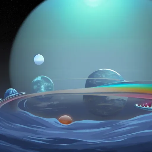 Prompt: Digital painting of a futuristic alien world with 3 moons and a rainbow haze