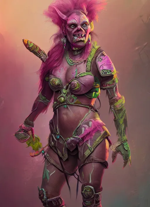 Image similar to detailed full body concept art illustration colorful pastel painting of a female orc warrior in full intricate clothing, ultra detailed, digital art, octane render, 4K, dystopian, micro details