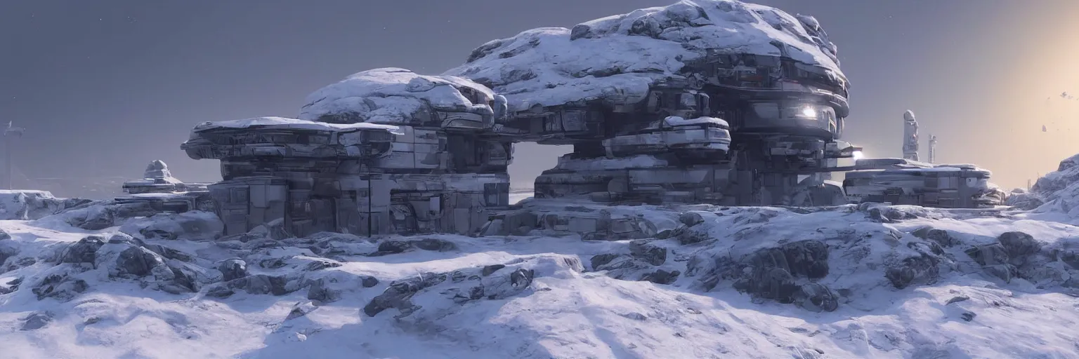 Image similar to “Concept art of a small modern research outpost consisting of a single building on the side of a snowy mountain at sunset on an alien world, 2077 , 8k, star citizen, art station”