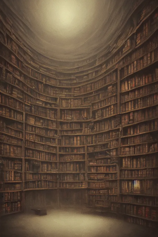 Prompt: “a painting of a dark library with bookshelves and a table, gloomy, misty, a detailed matte painting by Artem Demura, artstation hq, matte painting, volumetric lighting”