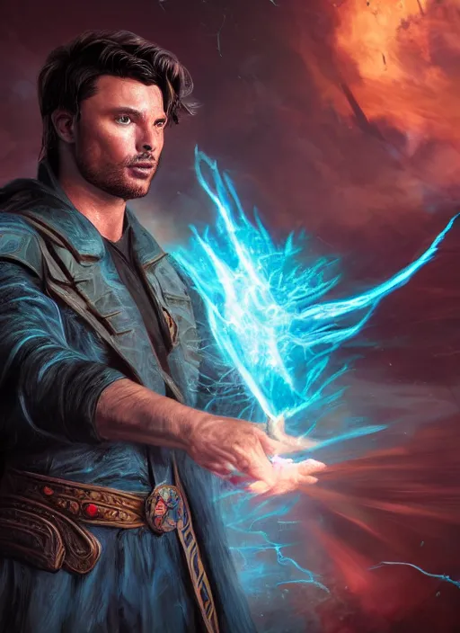 Image similar to A fantasy comic book style portrait painting of Tom Welling as a Sorcerer in a atmospheric dark fortress, unreal 5, DAZ, hyperrealistic, octane render, RPG portrait, ambient light, dynamic lighting