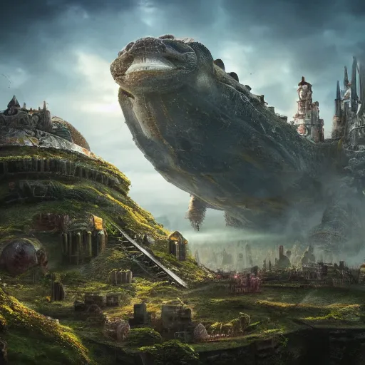 Prompt: large fantasy castle sitting on the top of a giant tortoise, stomping through a harsh wasteland with sharp rays of sunlight, howls moving castle, mortal engines, kaiju, distant - mid - shot, isometric angle, fantasy, hyper detailed, 4 k