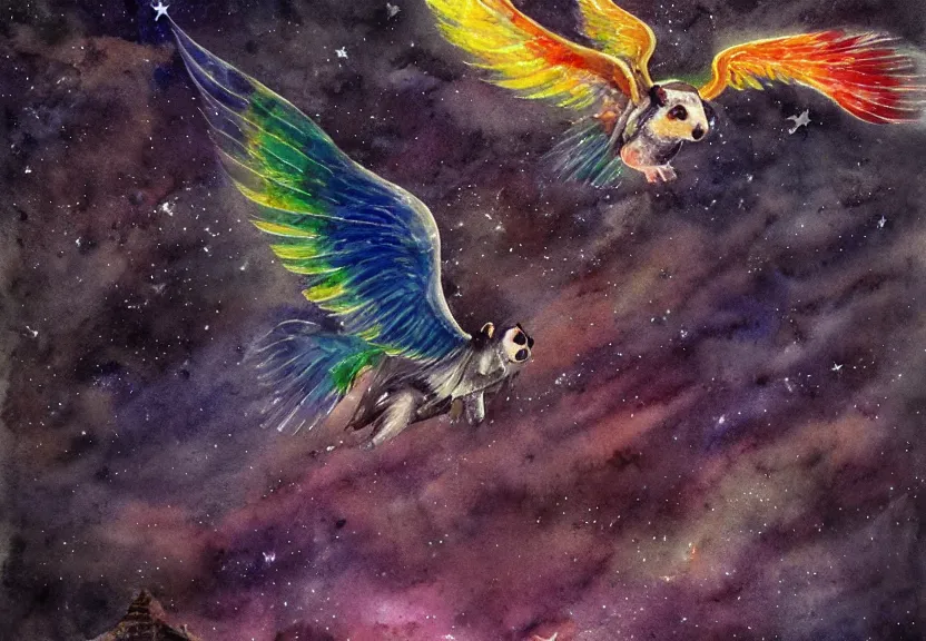 Image similar to legendary rainbow winged possum flying over a medieval castle at night under the dark starred sky, dark fantasy, watercolor, dreaming illusion, highly detailed, 4k, trending on Artstation