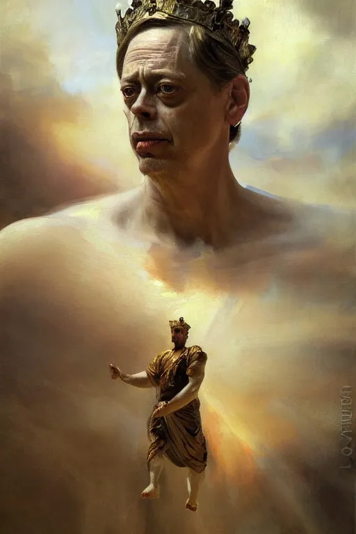 Image similar to beautiful impressionistic oil painting portrait of ancient roman god emperor steve buscemi ascending wearing the civic crown levitating in religious pose, art by anders zorn, wonderful masterpiece by greg rutkowski, expressive brush strokes, beautiful cinematic light, american romanticism by greg manchess, jessica rossier