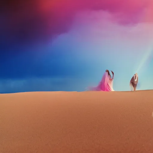 Image similar to filmstill photography of two female body suihouettes covered with curly white translucent blanket blowing in wind with rainbow pattern, acrylic liquid colors, luxurious supermodel photoshooting, golden jewelry, bokeh, godrays, strong wind, wrinkles, sunrays, sunset, lens flares, cold colors, sand dunes