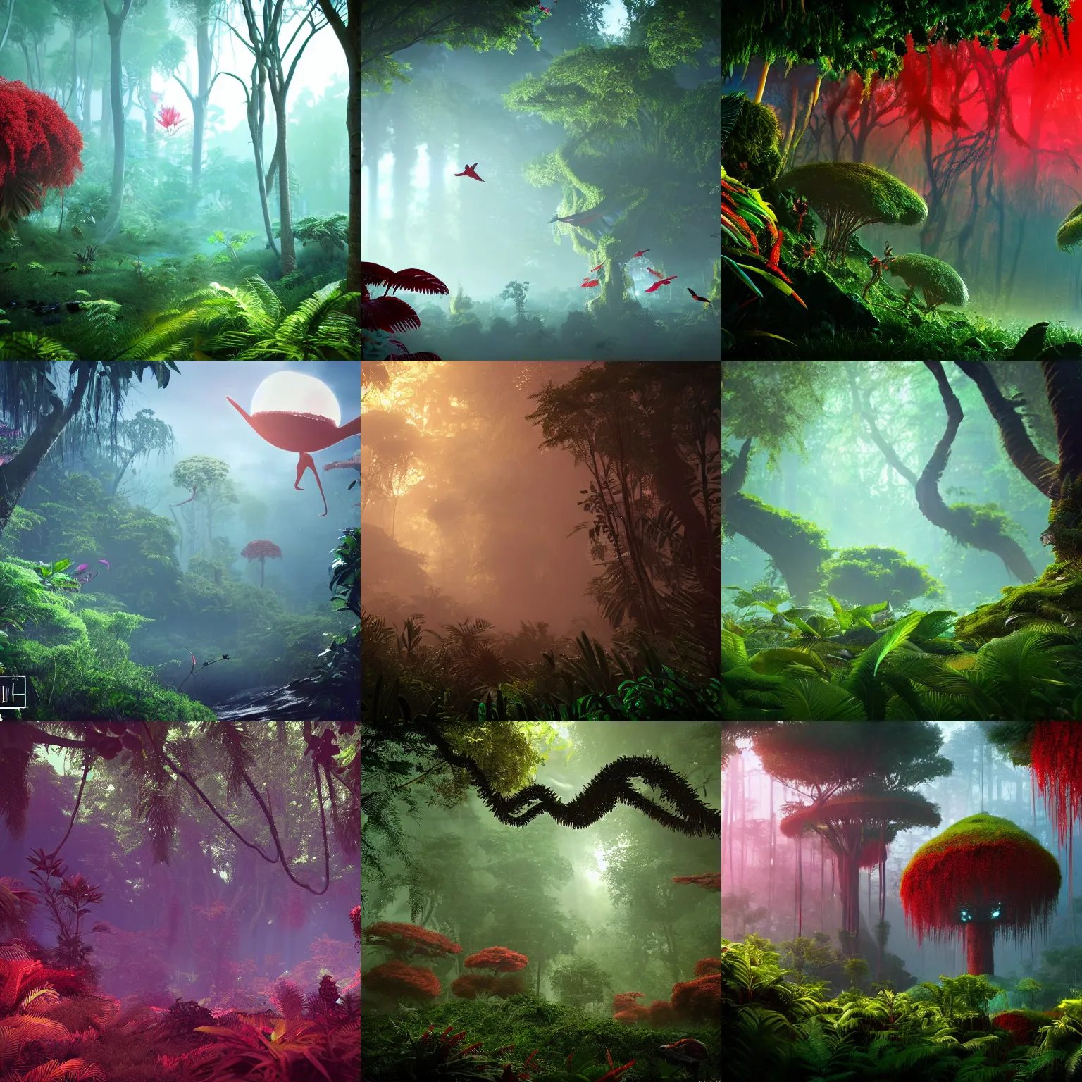 Prompt: a lush alien forest, cyan sky, red plants, birds in flight, humid alien jungle, atmospheric, exotic, unreal engine, trending on artstation