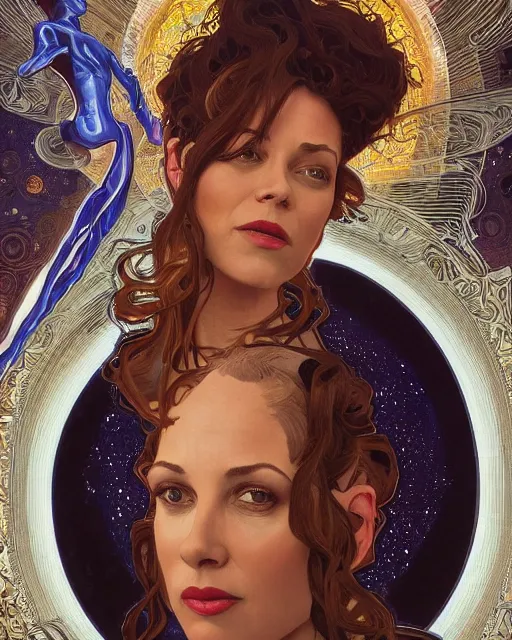 Image similar to portrait of actress Krys Marshall wearing a space suit, intricate, elegant, highly detailed, centered, digital painting, artstation, concept art, smooth, sharp focus, illustration, art by android jones and donato giancola and alphonse mucha