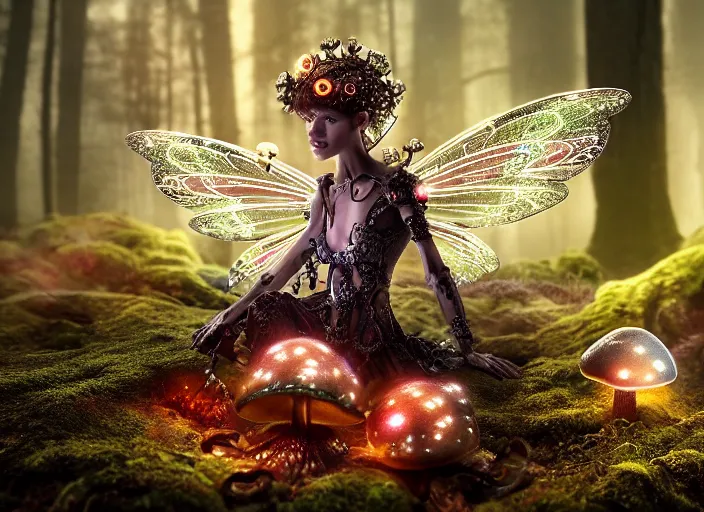 Image similar to 12mm intricate mechanical fairy with visible gears and electronics and optic Fibres sitting on top of a mushroom in a magical forest. Very detailed 8k. Fantasy cyberpunk horror. Sharp. Cinematic post-processing