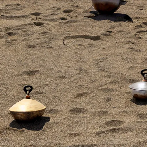 Prompt: two oval-shaped woks on the beach