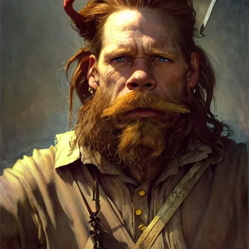 Image similar to highly detailed portrait of a poor smith in the form of a beautiful male dwarf with red beard. d & d. art by donato giancola, eugene delacroix, ruan jia, carl larsson, peter mohrbacher. trending on artstation, intricate details, energetic composition, concept art, illustration, global illuminaition, face of kevin bacon