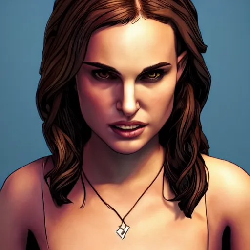 Image similar to young natalie portman portrait, borderlands, tales from the borderlands, the wolf among us, comic, cinematic lighting, studio quality, 8 k