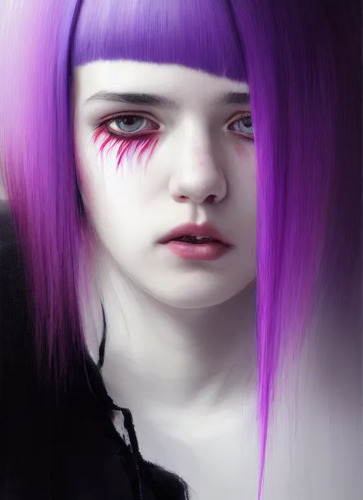 Image similar to portrait of teenage girl with white bangs, red irises, bangs, black and white hair, purple clothes, white bangs, two color hair, black hair and white bangs, intricate, elegant, glowing lights, highly detailed, digital painting, artstation, concept art, smooth, sharp focus, illustration, art by wlop, mars ravelo and greg rutkowski