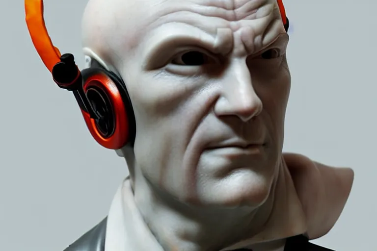 Prompt: a marble sculpture of agent 4 7 from hitman wearing headphones