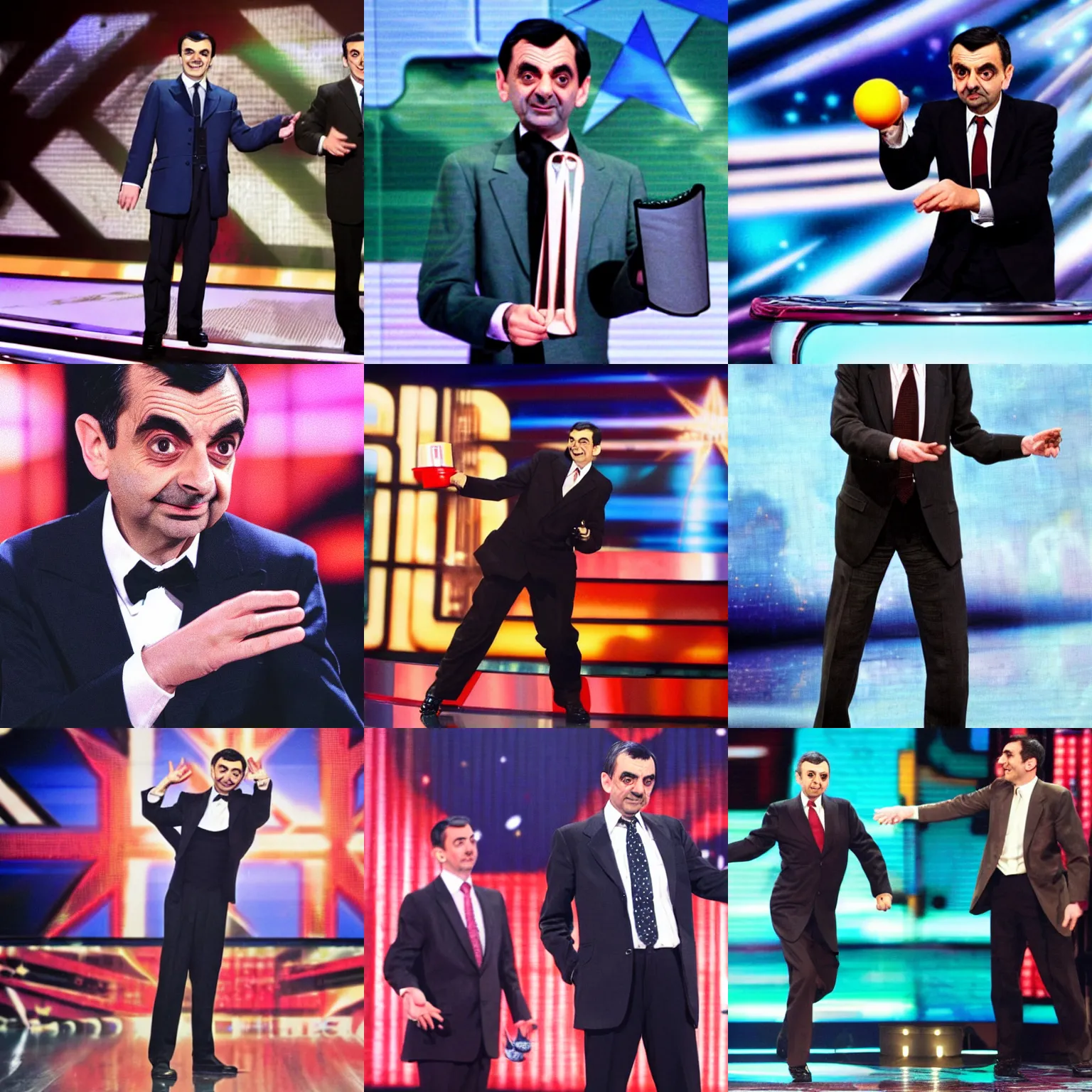 Prompt: Mr Bean on the stage of 'Britain's Got Talent', juggling hand grenades