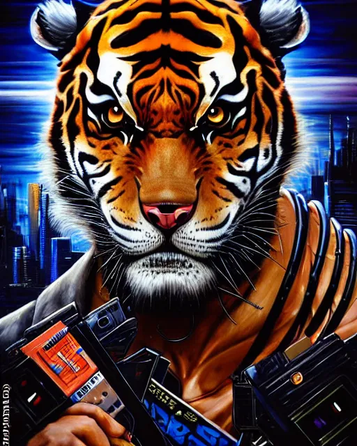 Image similar to a portrait of a muscular anthropomorphic cyberpunk tiger by sandra chevrier, by jon foster, detailed render, pistol in holster, tape deck, epic composition, cybernetics, 4 k realistic, cryengine, realistic shaded lighting, sharp focus, masterpiece, by enki bilal