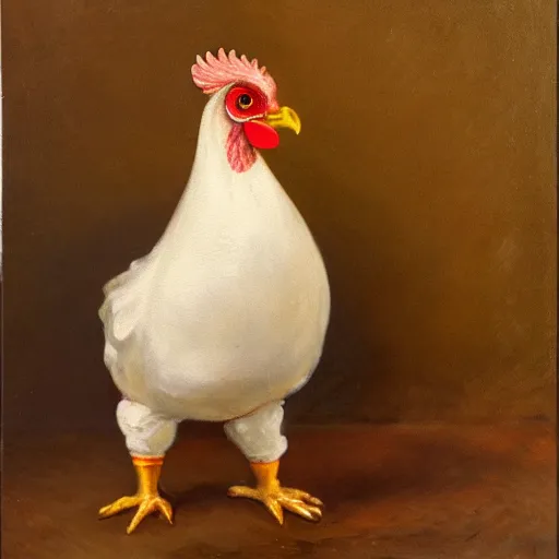 Image similar to a humanoid chicken butler with a fancy mustache and a monocle, highly detail, oil painting , accurate anatomy,