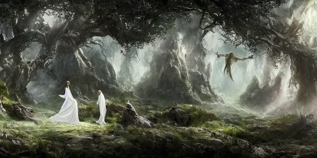 Prompt: a fantasy landscape with white beautiful trees and jesus in heaven, perfect faces, tom cruise, emma watson
