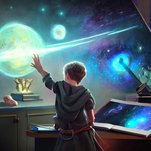 Image similar to a young mage creating a universe on a monitor, hyperrealistic, extremely detailed, award-winning art, trending on Artstation