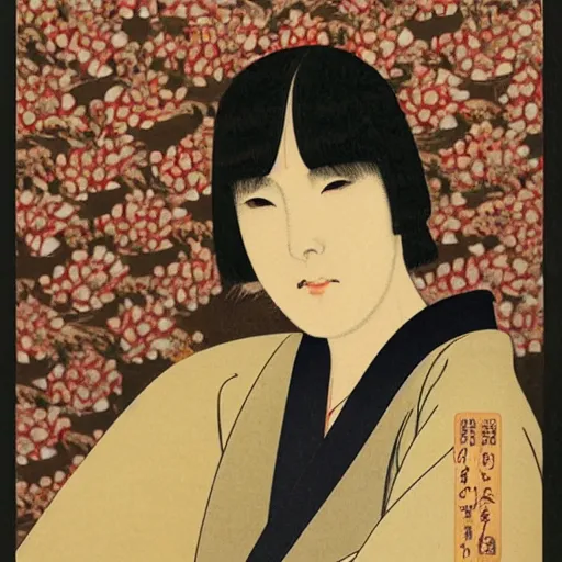 Prompt: woman portrait by ikenaga yasunari and ayana otake and ko rakusui, 6 0 s poster, drawing, realistic, sharp focus, japanese, dreamy, nostalgia, faded, golden hues, floral clothes