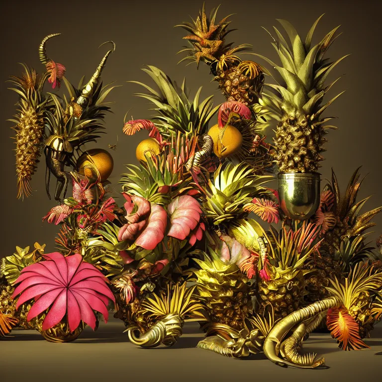 Image similar to still life of surreal alien tropical flowers, surreal alien spiky tropical fruit, metallic glossy shiny human spine, baroque painting, beautiful detailed intricate insanely detailed octane render, 8K artistic photography, photorealistic, chiaroscuro, Raphael, Caravaggio