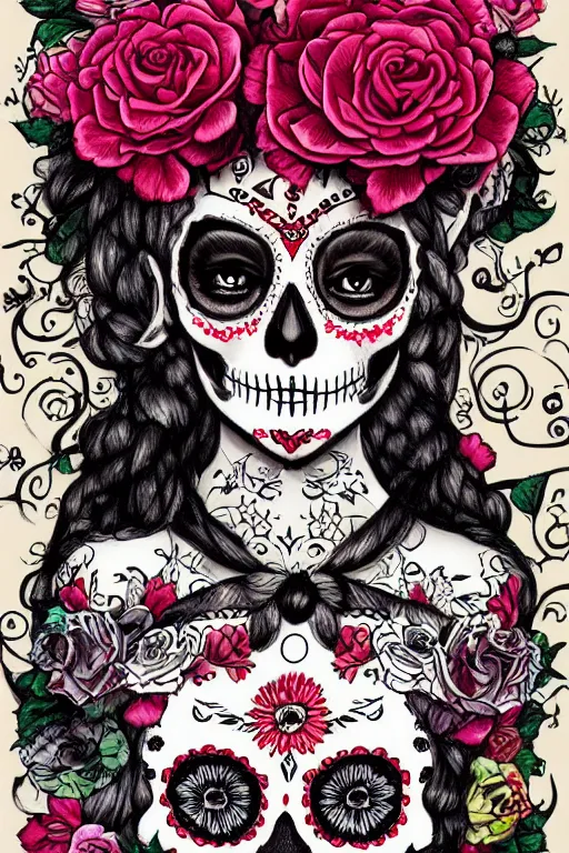 Image similar to illustration of a sugar skull day of the dead girl, art by xie boli