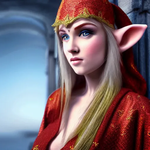 Image similar to beautiful elf with ornate robes, highly detailed, 8k, HDR, smooth, sharp focus, hyper realistic, high resolution