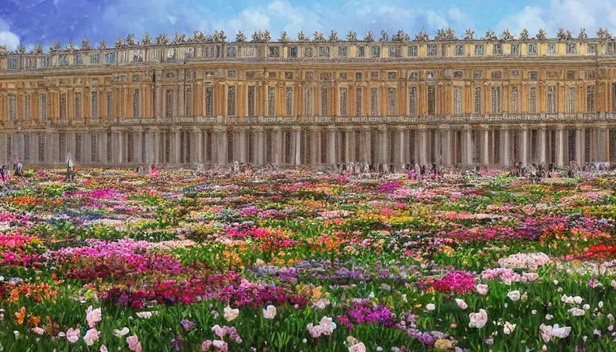 Image similar to palace of versailles covered by flowers, sunny day, crowd, hyperdetailed, artstation, cgsociety, 8 k