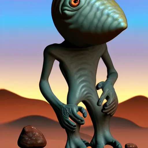 Image similar to a sad Roswell grey alien trying to repair his crashed burning spacecraft in the desert, cactus and rocks in the background, dusk, featured on zbrush central, hurufiyya, zbrush, polycount, airbrush art