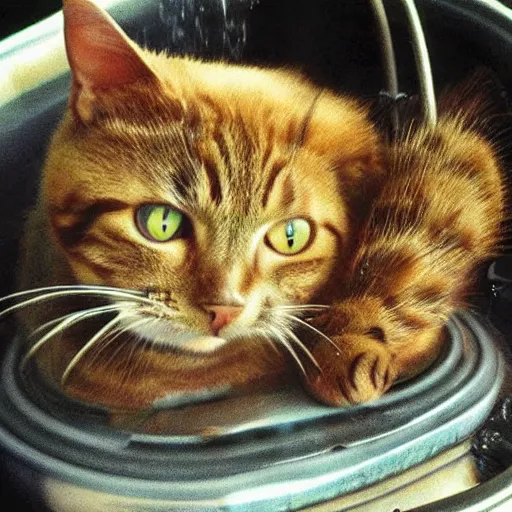 Prompt: cat in a deep fryer, relaxing and enjoying