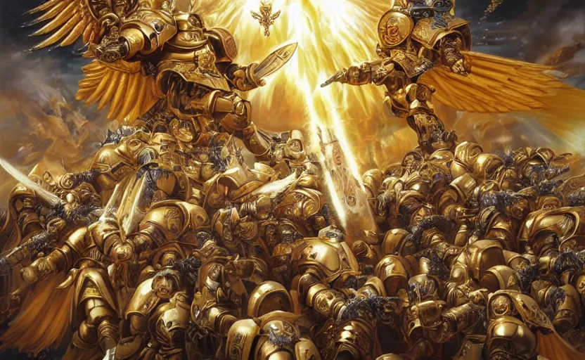 Prompt: the golden primarch of the emperor with angelic wings leading space marines into war, warhammer 40k anime
