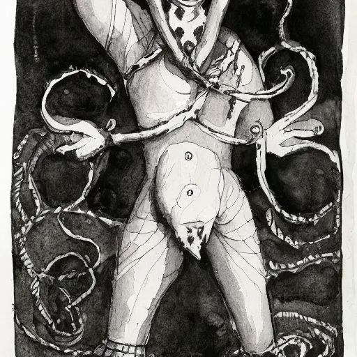 Image similar to the fool, black and white watercolor