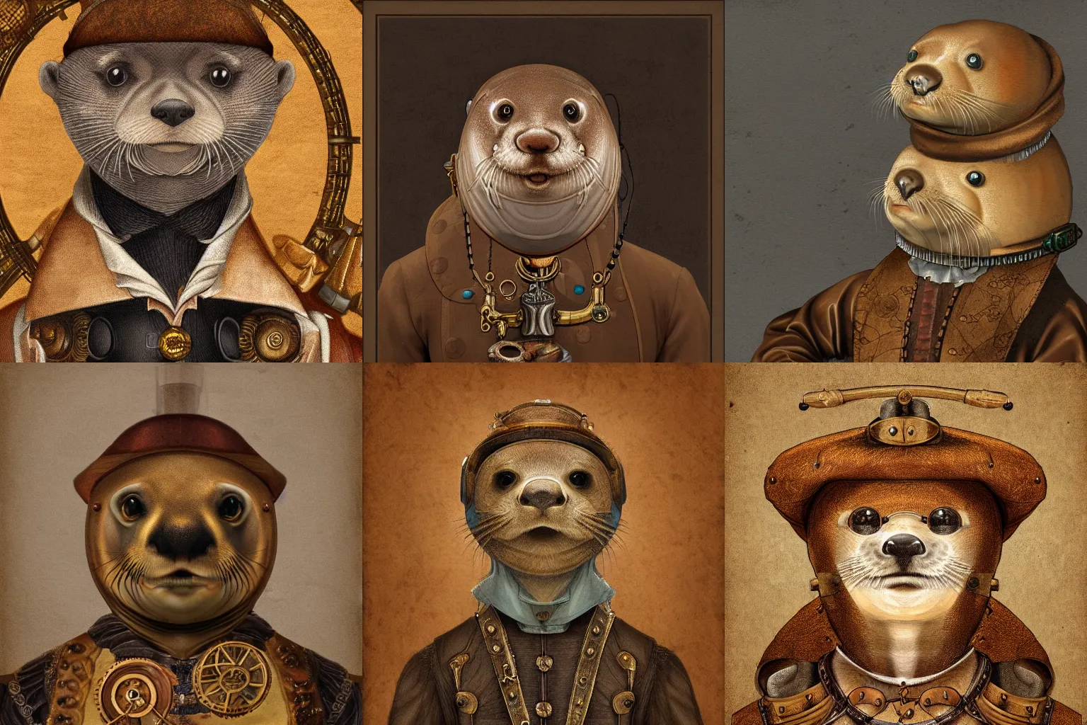 Prompt: A detailed Renaissance portrait of a smirking anthropomorphic otters wearing steampunk garb, digital art, 4k